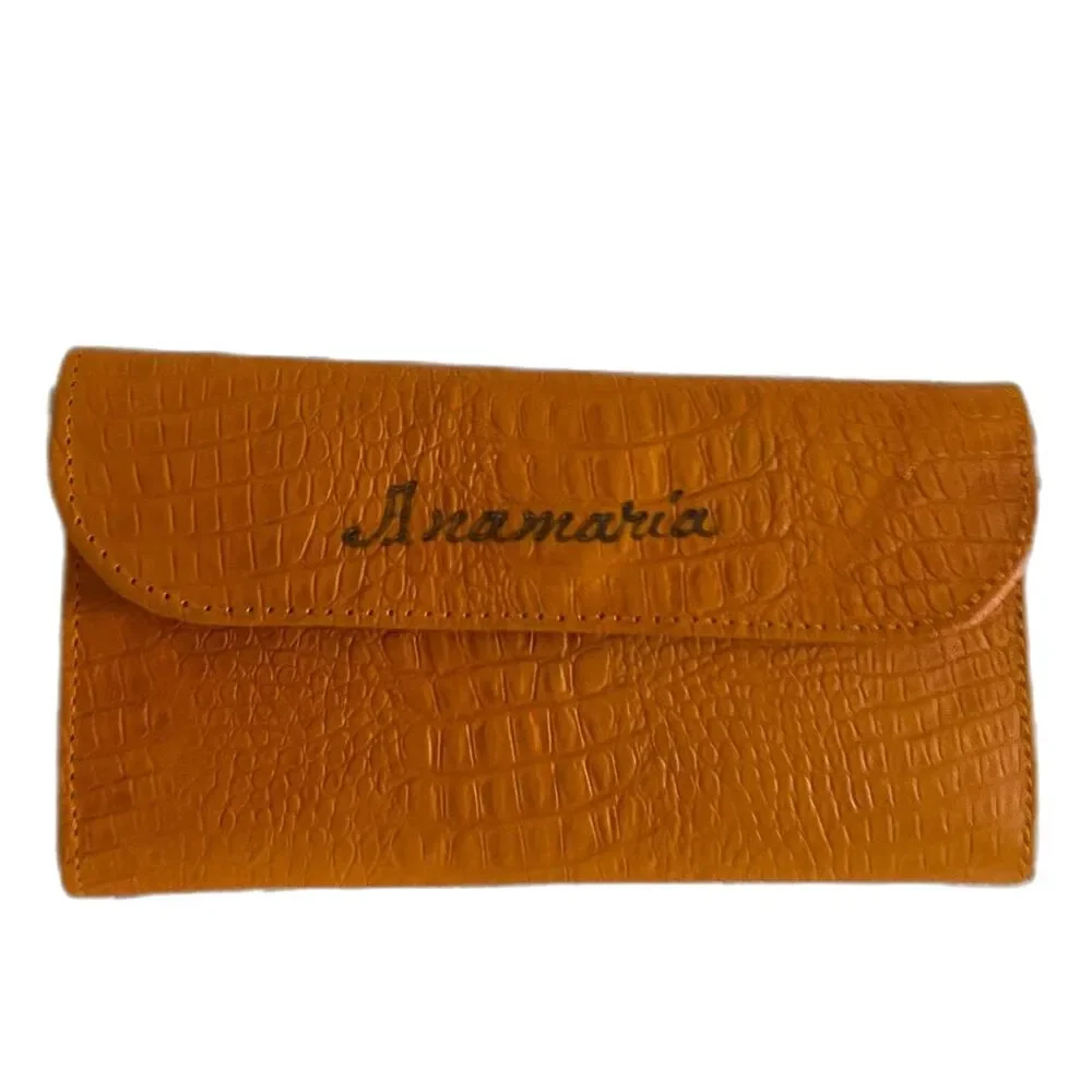 Mandarin Orange Croc Leather Long Wallet Anamaria Handcrafted Handmade Leather G